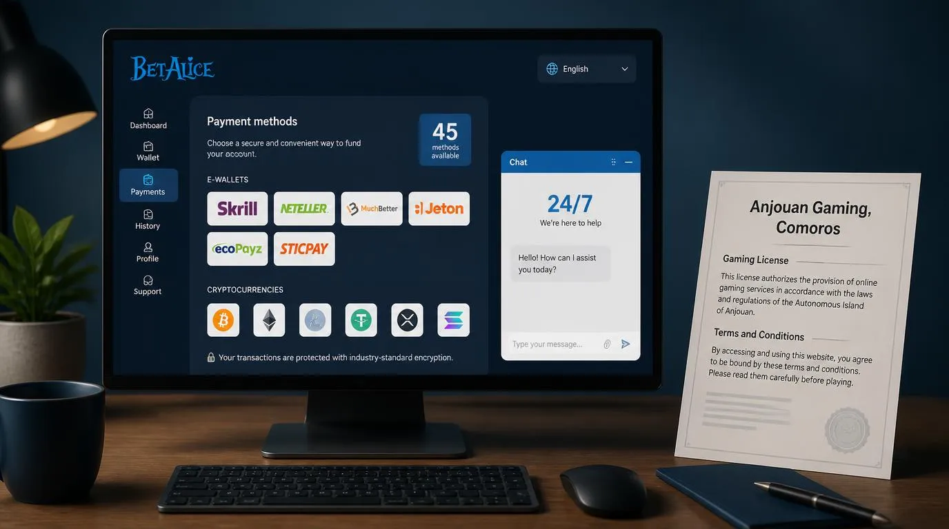 Casino-Oberfläche mit Zahlungsoptionen, englischem Live-Chat und Lizenzhinweis