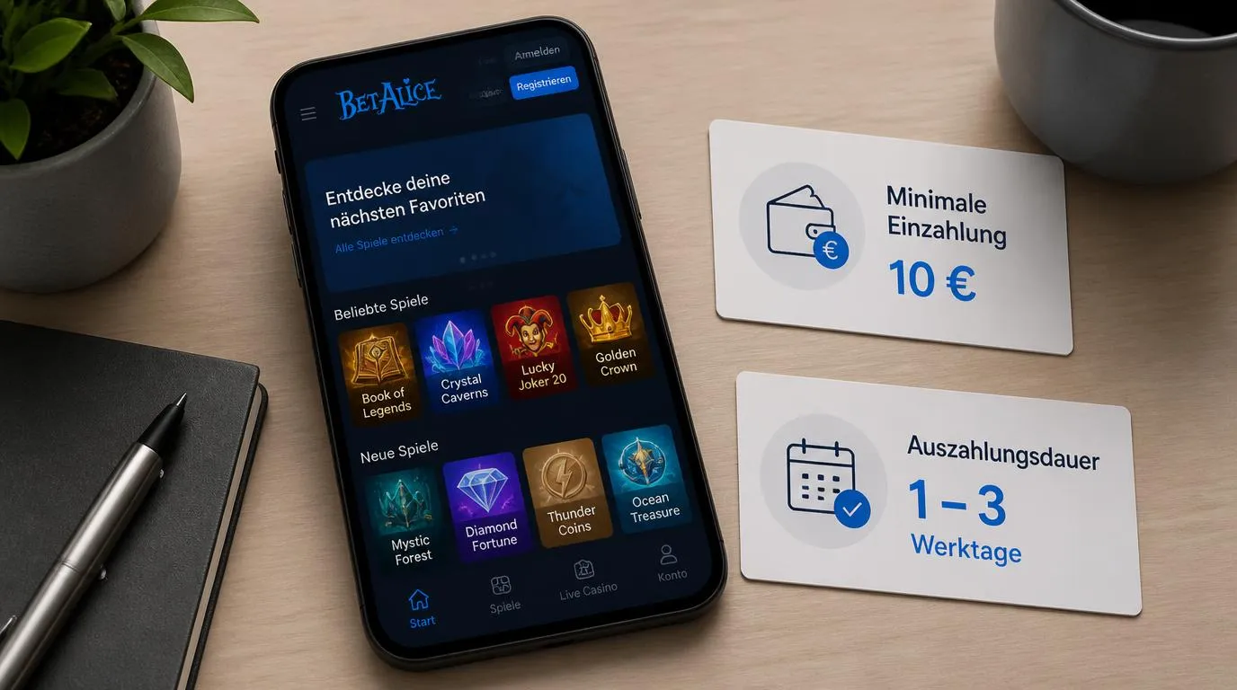 Smartphone mit Casino-Spielauswahl, 10 € Mindesteinzahlung und Auszahlungszeitraum von 1 bis 3 Werktagen