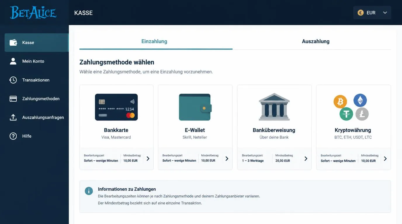 Übersicht einer Casino-Kasse mit Karten, E-Wallets, Kryptowährungen und Hinweisen zu Auszahlungen