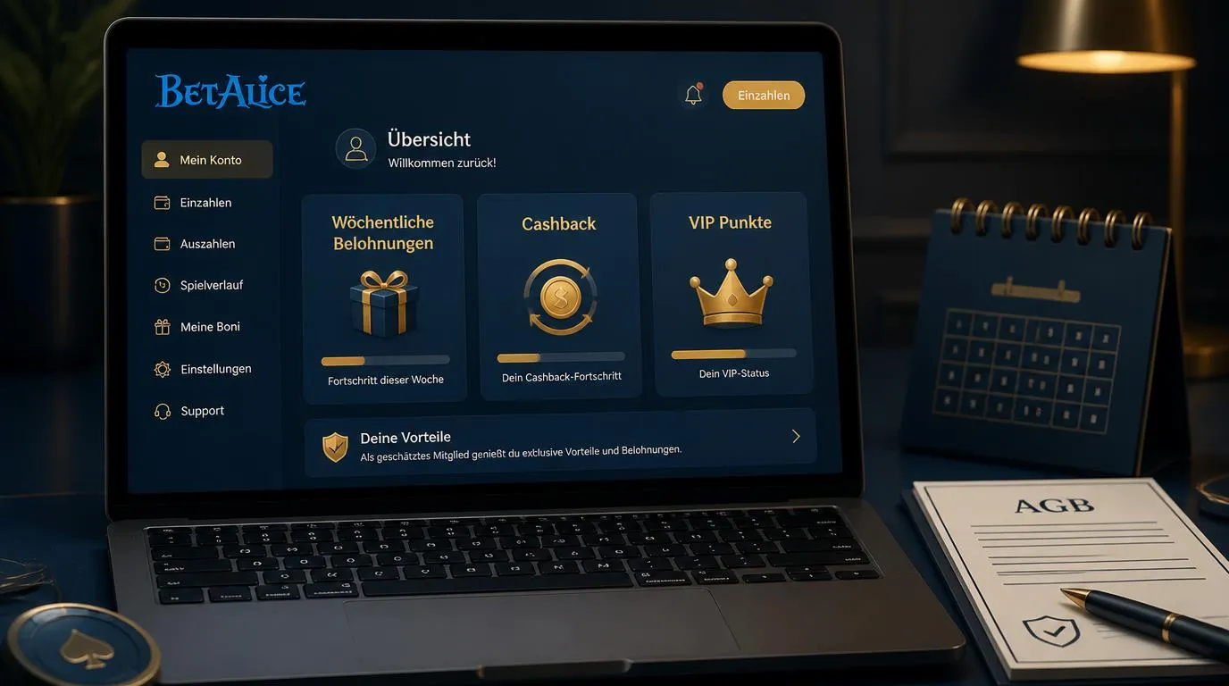 Casino-Konto mit Übersicht für wöchentliche Aktionen, Cashback und VIP-Punkte
