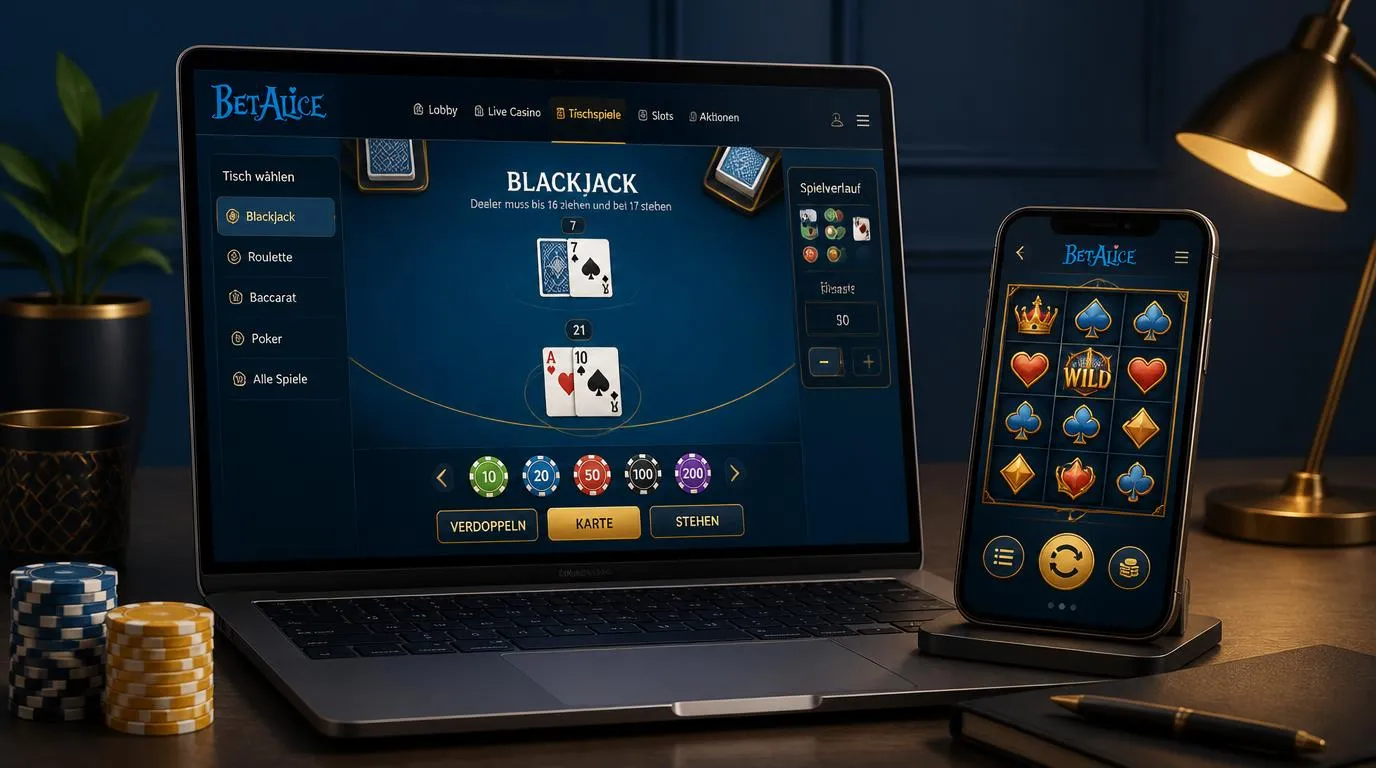 Laptop und Smartphone mit übersichtlichen Casino-Oberflächen für Slots und Tischspiele