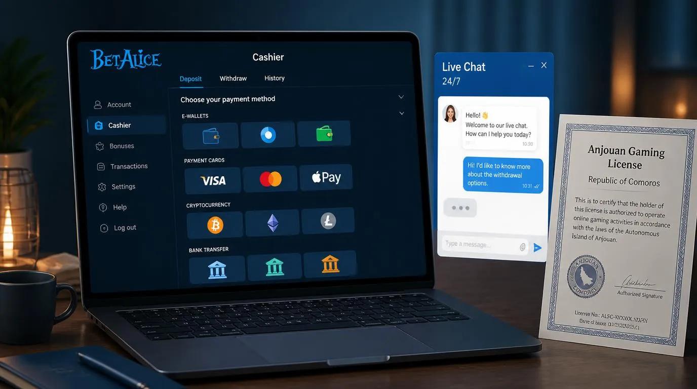 Casino-Kasse mit Zahlungsarten sowie Symbolen für Live-Chat und Glücksspiellizenz